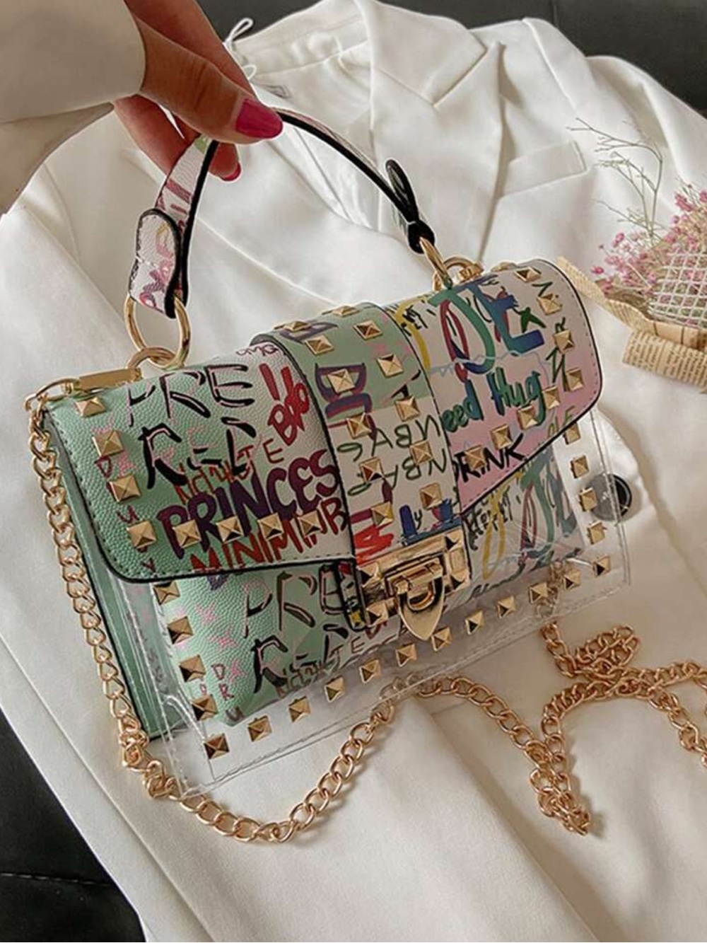 Kohl's Mint Multi Graffiti Print Clear Crossbody with Gold Chain